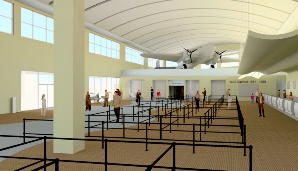 An expanded ticket counter area will feature a refurbished PV-1 Ventura bomber from WWII. The Sanford airport was created in 1942 as Naval Air Station Sanford and was an advanced training base for the PV-1 Ventura.